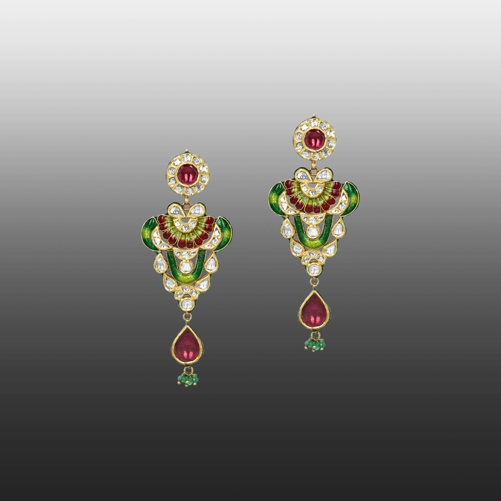 Polki Earrings with Red-Green Enamel, Rhodolite, and Emerald Beads